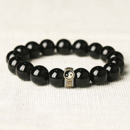 Buddhist Blessing Black Obsidian Yin Yang Nine-Character Mantra Fulfilment Bracelet