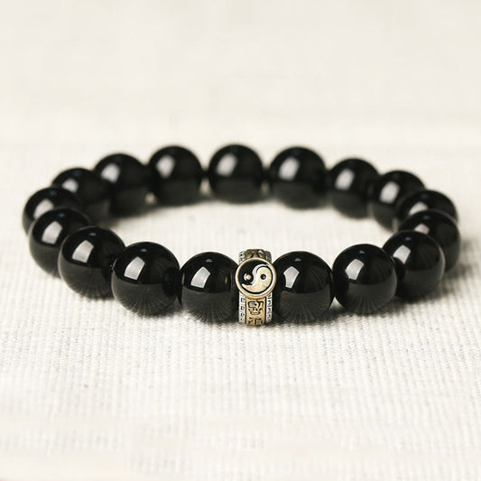 Buddhist Blessing Black Obsidian Yin Yang Nine-Character Mantra Fulfilment Bracelet