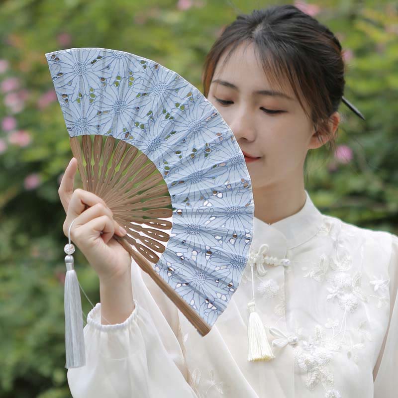 Buddhist Blessing Solid Color Hollow Flowers Embroidery Cotton Fabric Handheld Bamboo Folding Fan