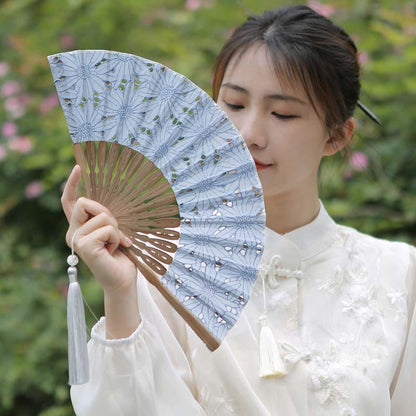 Buddhist Blessing Solid Color Hollow Flowers Embroidery Cotton Fabric Handheld Bamboo Folding Fan