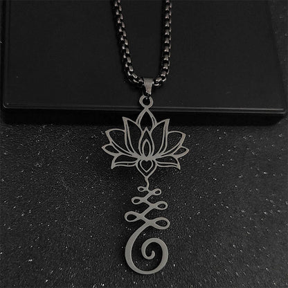 Buddhist Blessing Chakra Symbol Irregular Design Lotus Stainless Steel Enlightenment Necklace Pendant