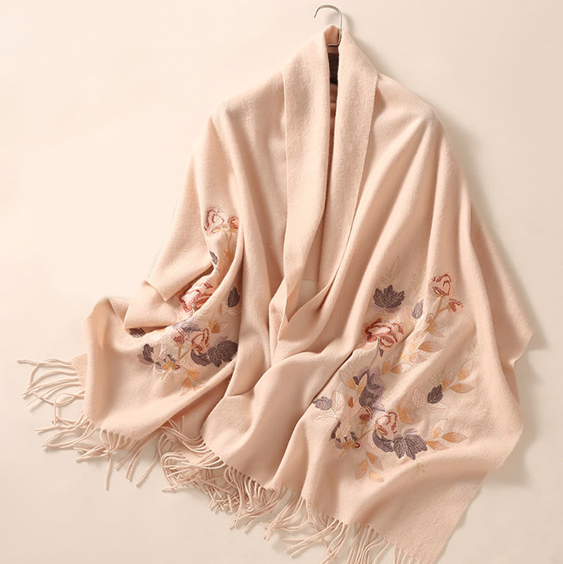 Buddhist Blessing Wool Shawl White Pink Flowers Golden Leaves Embroidery Tassel Winter Cozy Travel Scarf Wrap