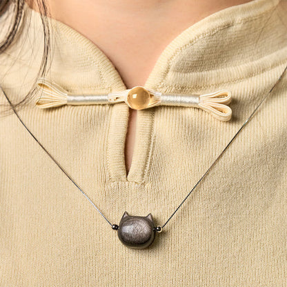 Buddhist Blessing 925 Sterling Silver Natural Silver Sheen Obsidian Gold Sheen Obsidian Cat Necklace