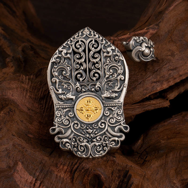 Buddhist Blessing 925 Sterling Silver Tibetan Zakiram Goddess of Wealth Dzi Bead Protection Necklace Pendant