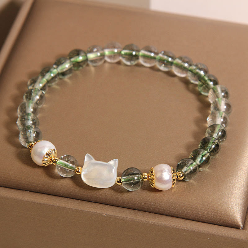 Buddhist Blessing Natural Green Phantom Pearl Shell Cat Head Lucky Bracelet