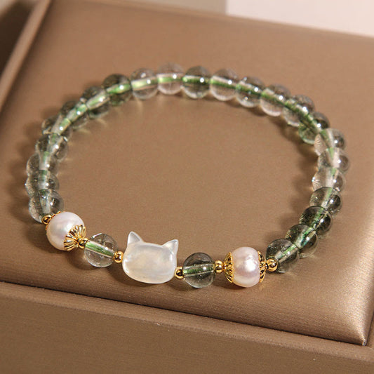 Buddhist Blessing Natural Green Phantom Pearl Shell Cat Head Lucky Bracelet