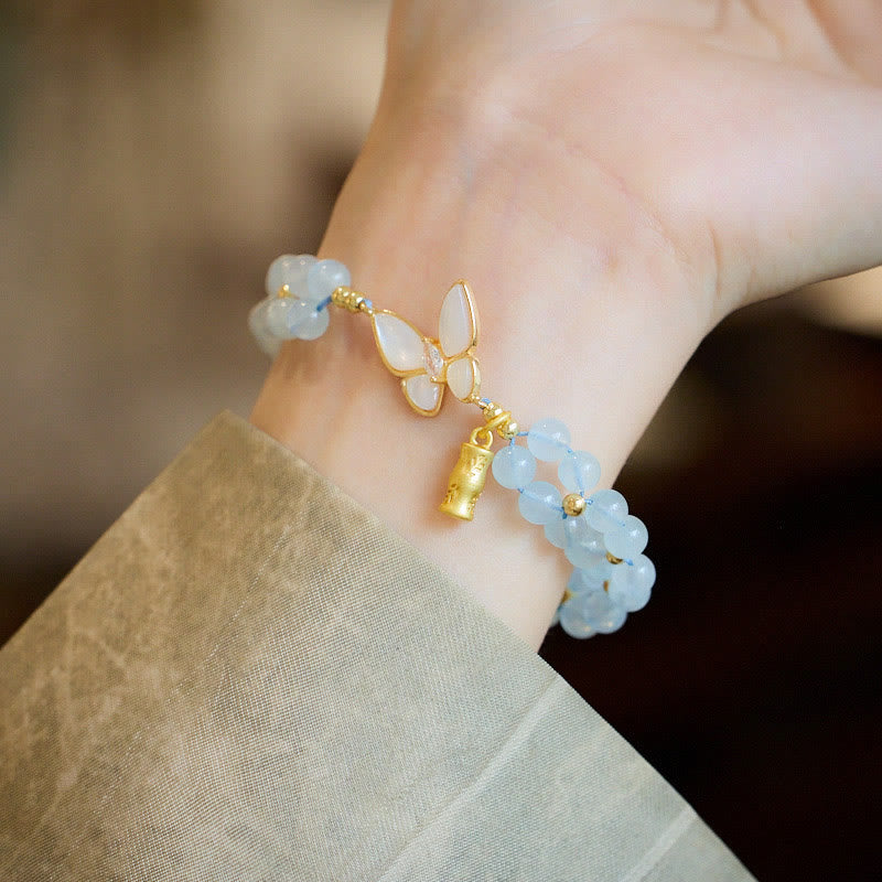 Buddhist Blessing Natural Aquamarine Amethyst Moonstone Butterfly Bamboo Healing Bracelet