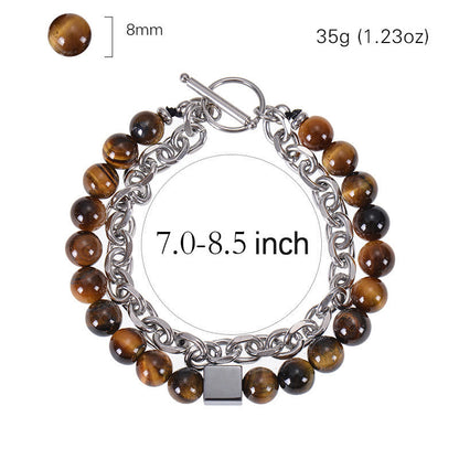Buddhist Blessing Colorful Tiger Eye Frosted Stone Black Magnetite Titanium Steel Double Wrap Protection Bracelet