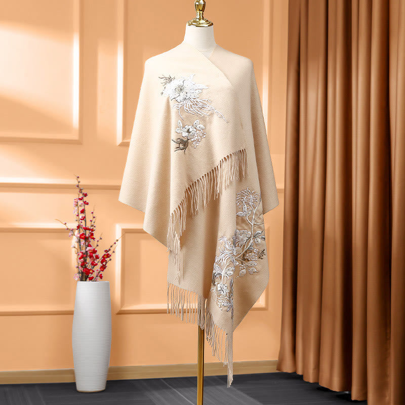Buddhist Blessing Wool Shawl White Orange Flower Embroidery Tassel Winter Cozy Travel Scarf Wrap