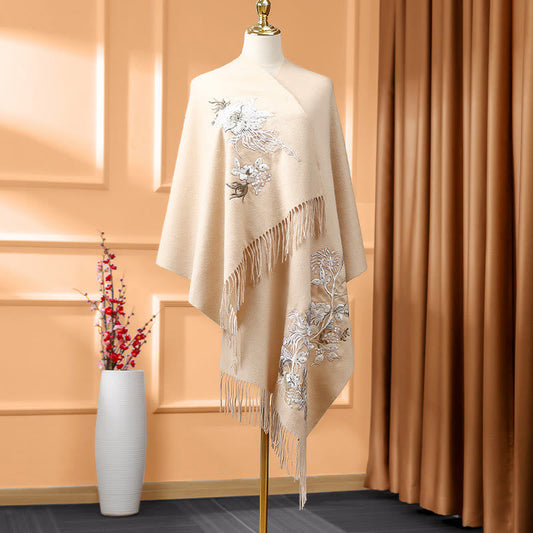 Buddhist Blessing Wool Shawl White Orange Flower Embroidery Tassel Winter Cozy Travel Scarf Wrap