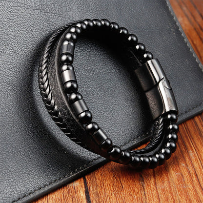 Buddhist Blessing Frosted Stone Multi-layer Leather Titanium Steel Balance Buckle Bracelet