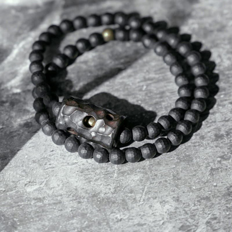 Buddhist Blessing Frosted Cut Surface Black Onyx Ebony Double Wrap Protection Bracelet