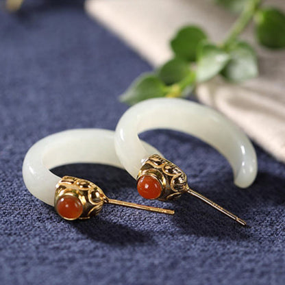 Buddhist Blessing 925 Sterling Silver Hetian Jade Prosperity Curved Earrings