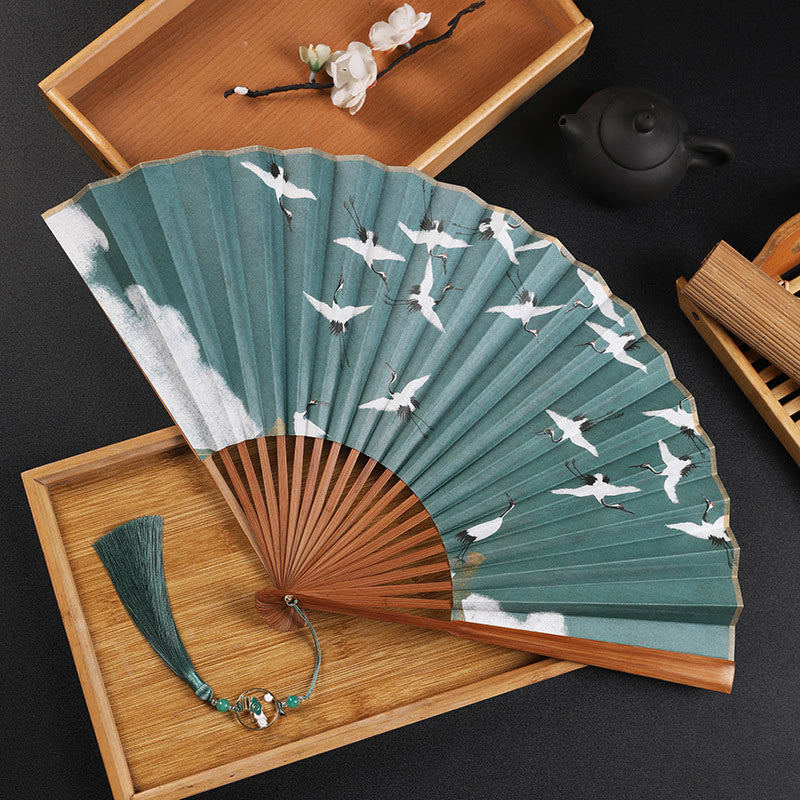 Buddhist Blessing Cranes Auspicious Clouds Solid Color Gradient Handheld Cotton Linen Fabric Bamboo Folding Fan