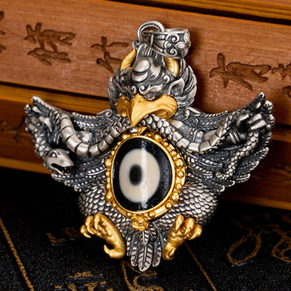 Buddhist Blessing 925 Sterling Silver Tibet Garuda Bird Dzi Bead Protection Necklace Pendant