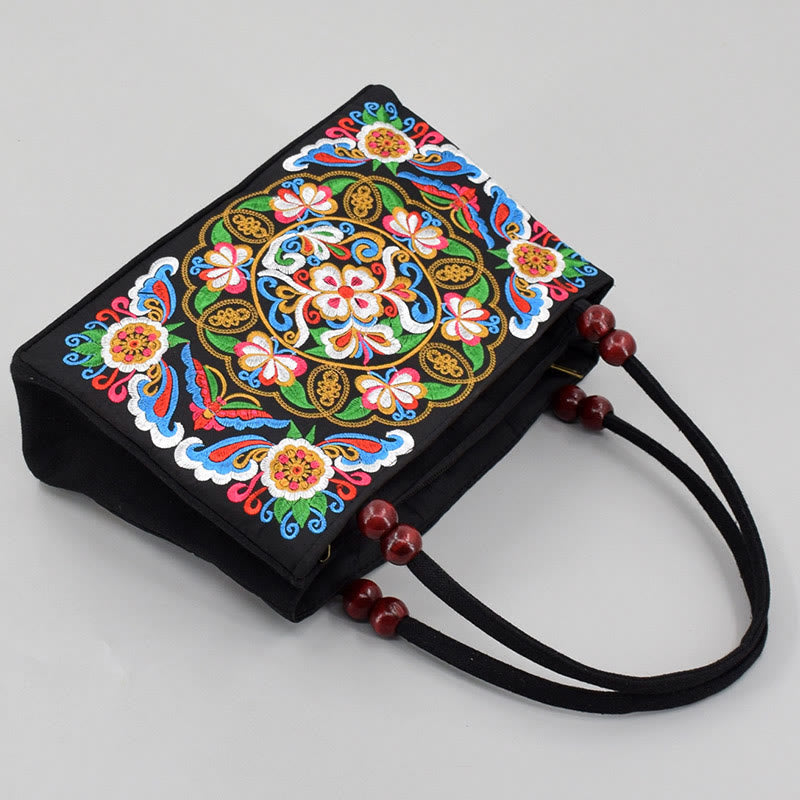 Buddhist Blessing Galsang Inula Flower Peony Peacock Double-Sided Embroidery Canvas Shopping Purse Handbag