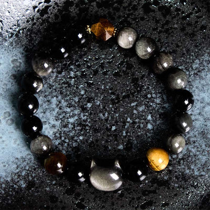 Buddhist Blessing Natural Silver Sheen Obsidian Beads Cute Cat Soothing Bracelet