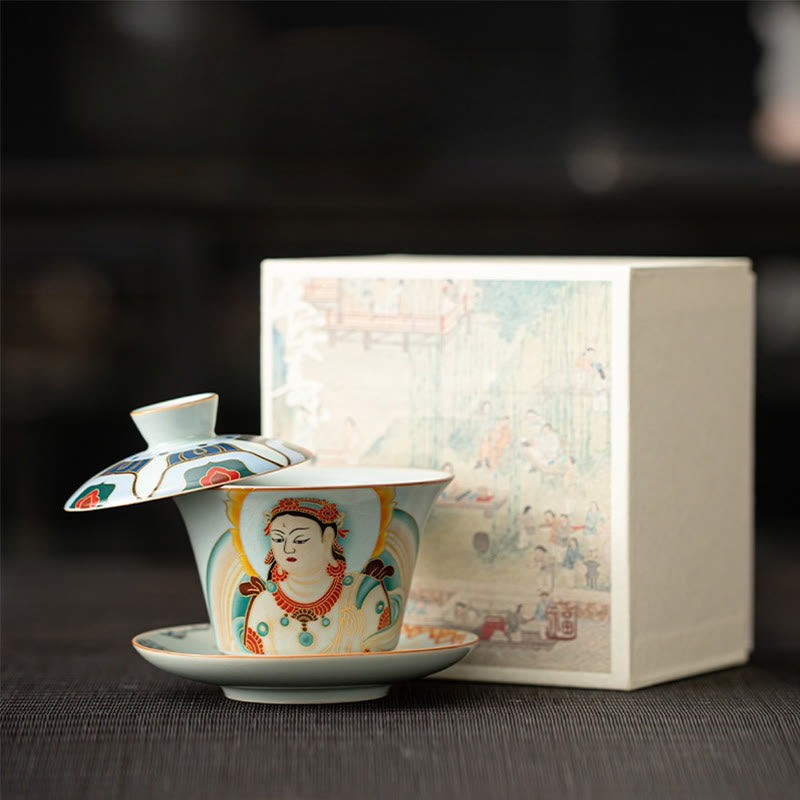 Buddhist Blessing Thangka Dragon Buddhas Dunhuang Ceramic Gaiwan Sancai Kung Fu Tea Cup And Saucer With Lid Gift Box 180ml