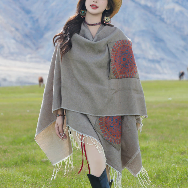 Buddhist Blessing Tibetan Geometric Round Mandala Pattern Tassels Shawl Fall Winter Cozy Scarf Wrap With Pockets