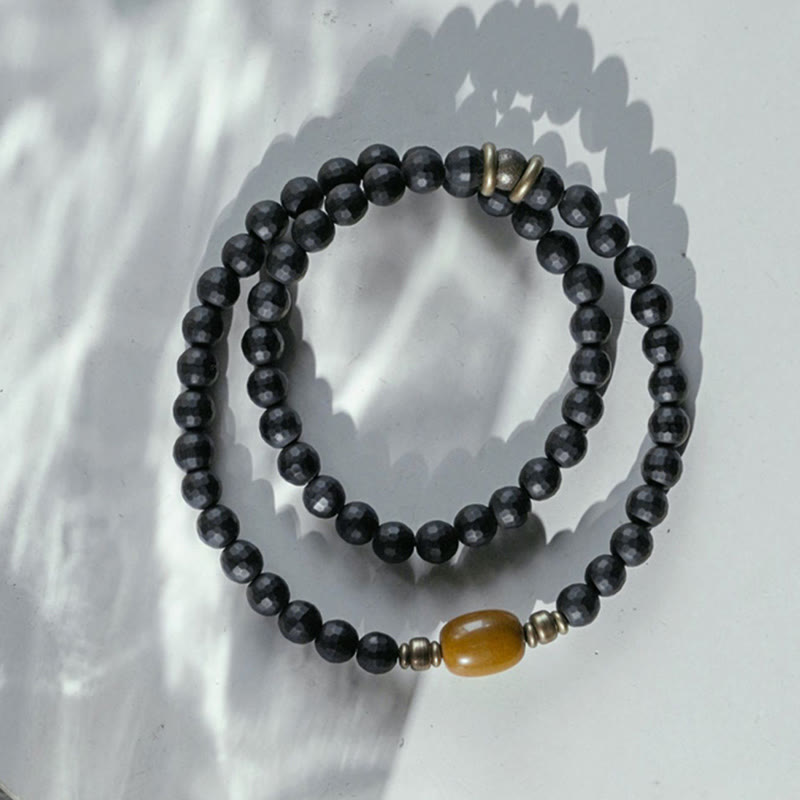 Buddhist Blessing Frosted Cut Surface Black Onyx Topaz Beads Double Wrap Protection Bracelet