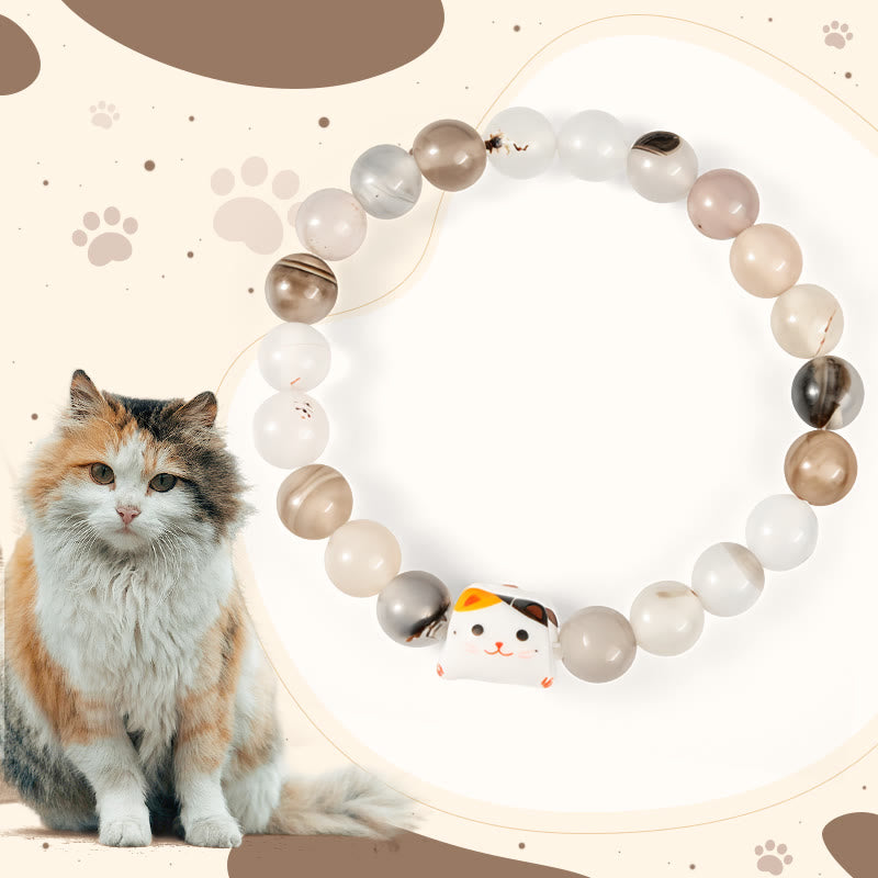 Buddhist Blessing Calico Cat Natural Agate Stone Ceramic Kitten Head Power Bracelet