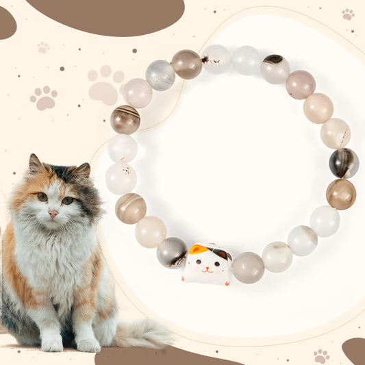 Buddhist Blessing Calico Cat Natural Agate Stone Ceramic Kitten Head Power Bracelet