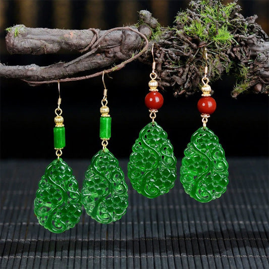 Buddhist Blessing Water Droplet Hollow Shape Jade Red Agate 925 Sterling Silver Luck Earrings