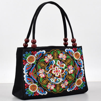 Buddhist Blessing Galsang Inula Flower Peony Peacock Double-Sided Embroidery Canvas Shopping Purse Handbag
