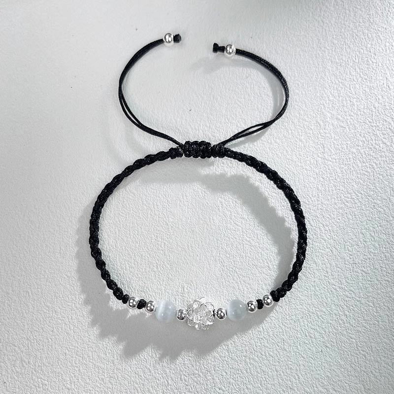 Buddhist Blessing 999 Sterling Silver Lotus Design Cat's Eye Bead Protection String Bracelet