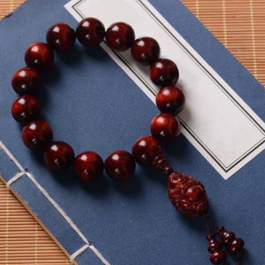 Buddhist Blessing Small Leaf Red Sandalwood Laughing Buddha God of Wealth Protection Bracelet