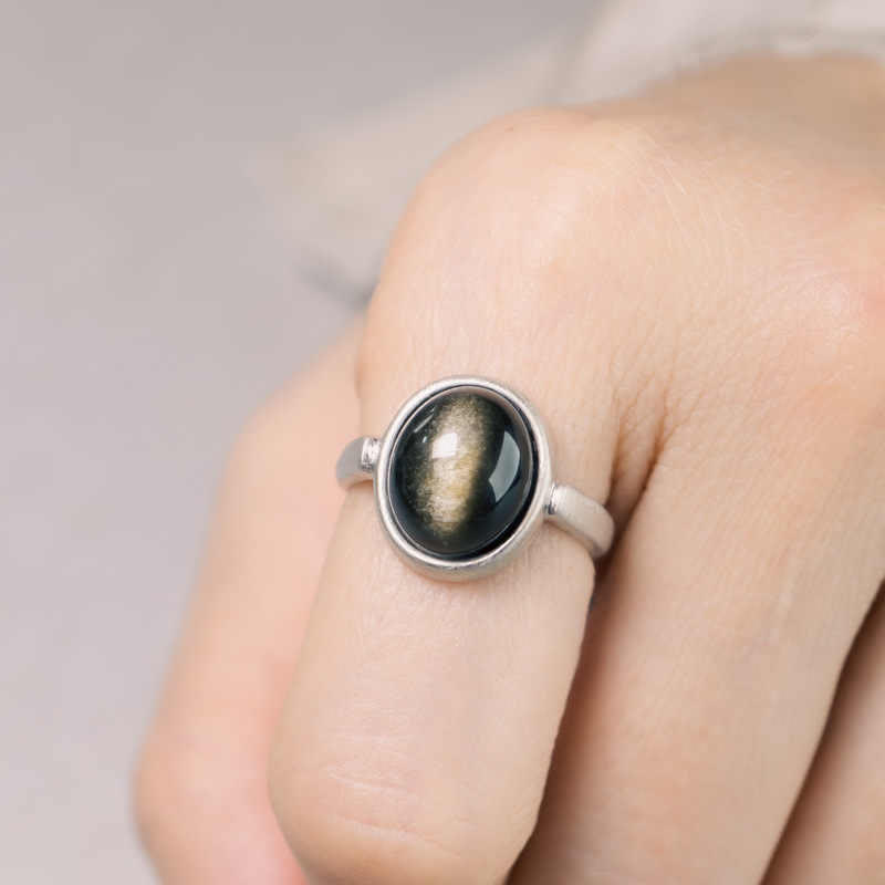 Buddhist Blessing Natural 925 Sterling Silver Gold Sheen Obsidian Adjustable Wealth Ring