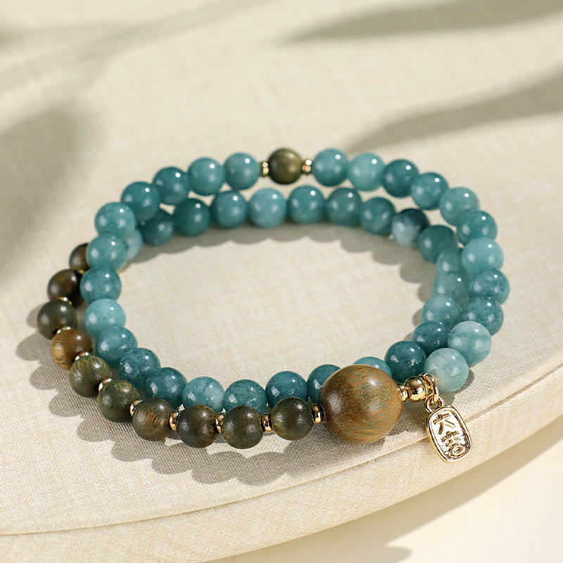 Buddhist Blessing Blue Chalcedony Green Sandalwood Small Leaf Red Sandalwood Double Wrap Emotional Balance Bracelet