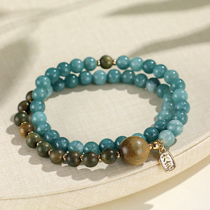 Buddhist Blessing Blue Chalcedony Green Sandalwood Small Leaf Red Sandalwood Double Wrap Emotional Balance Bracelet