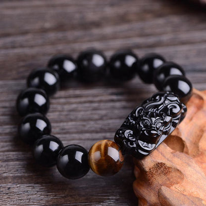 Buddhist Blessing Natural Black Obsidian PiXiu Tiger's Eye Strength Bracelet