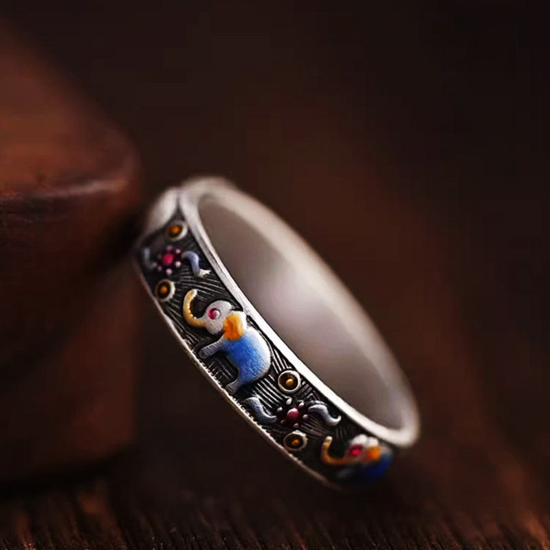 Buddhist Blessing Colorful Elephant Carved Strength Adjustable Ring