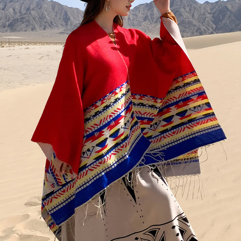 Buddhist Blessing Tibetan Geometric Rhombus Pattern Tassels Shawl Fall Winter Warm Cozy Scarf Wrap