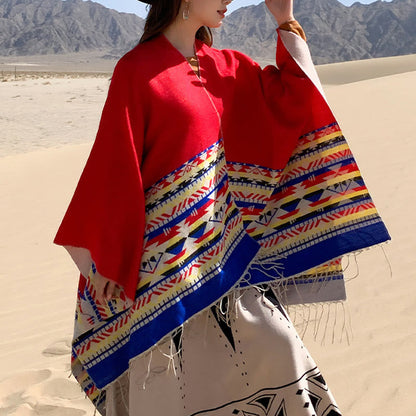 Buddhist Blessing Tibetan Geometric Rhombus Pattern Tassels Shawl Fall Winter Warm Cozy Scarf Wrap