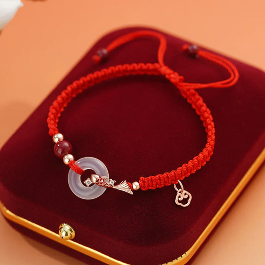 Buddhist Blessing Handmade Chalcedony Peace Buckle Koi Fish 925 Sterling Silver Braided String Positive Couple's Bracelet