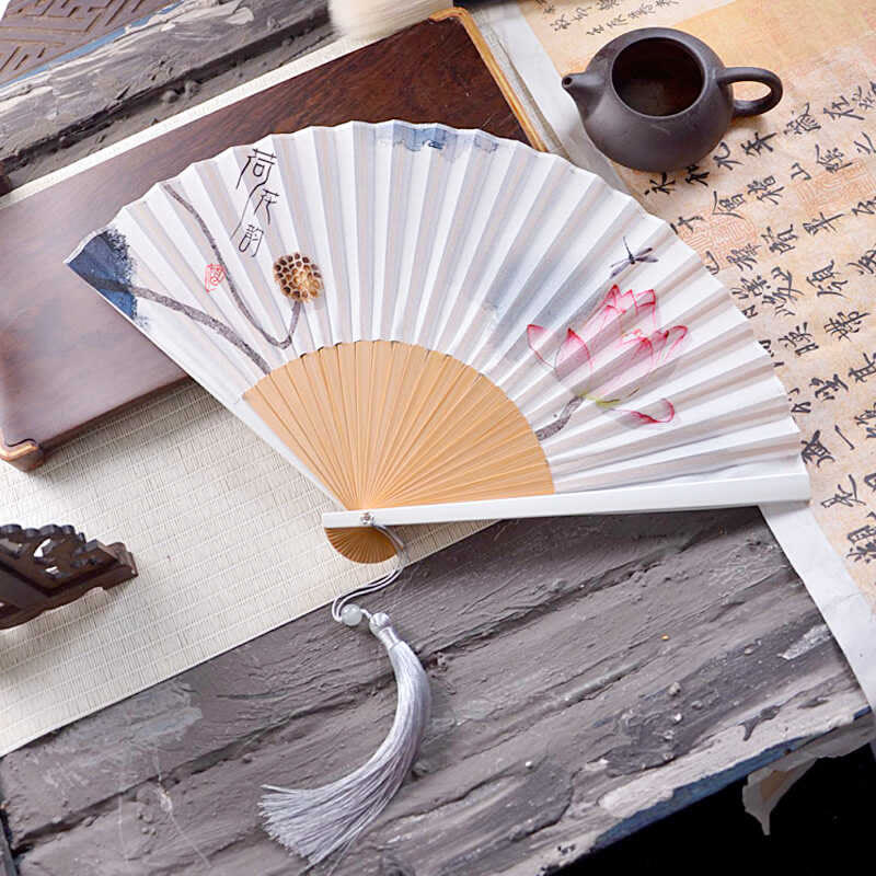 Buddhist Blessing Chinese Characters Ink Painting Lotus Flower Leaf Landscape Handheld Huayao Crepe Polyester Bamboo Folding Fan 23.3cm