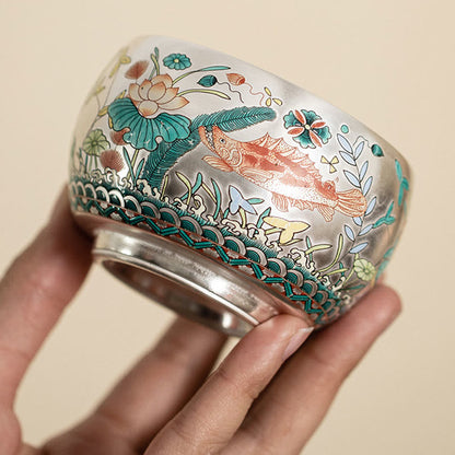 Buddhist Blessing Fish Lotus Seaweed Valley Mountains Pine Tree Dragon Teacup Kung Fu Tea Cup With Gift Box