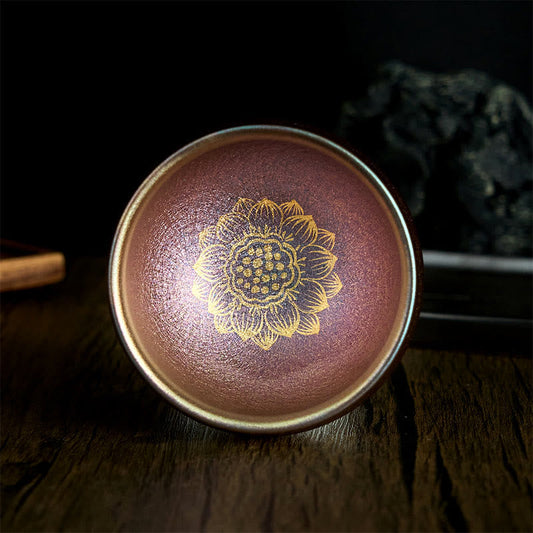 Buddhist Blessing Handmade Chinese Jianzhan Golden Lotus Flower Ceramic Teacup Kung Fu Tea Cup 150ml