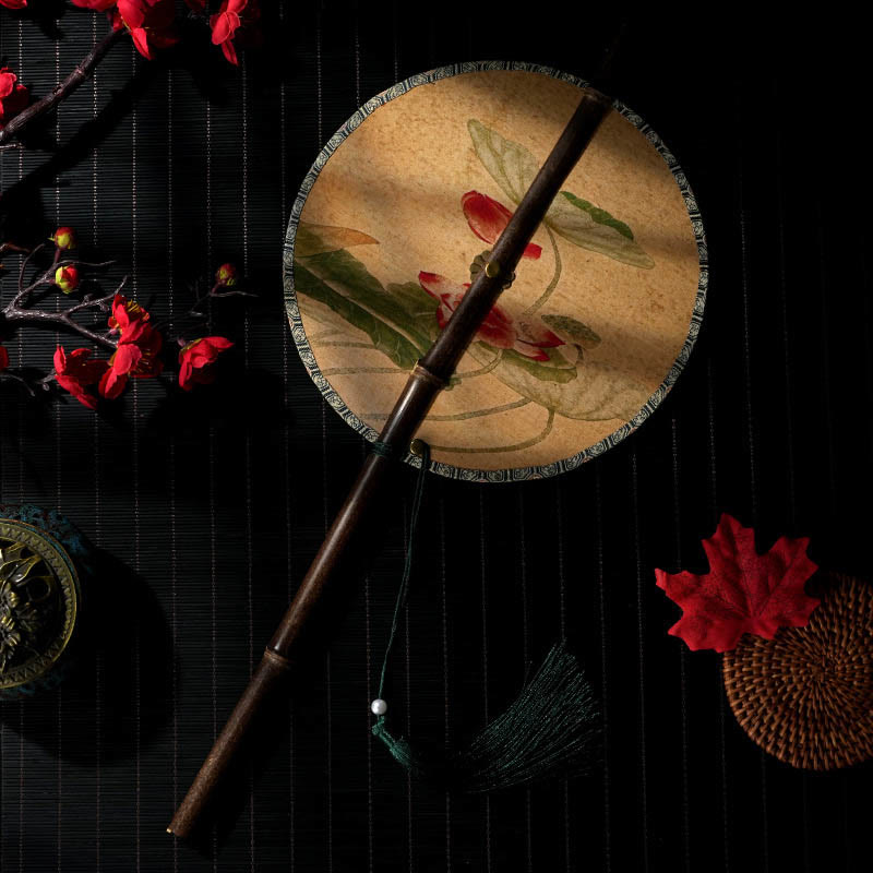 Buddhist Blessing Handmade Flowers Peach Loquat Bird Crane Butterfly Pattern Long Purple Bamboo Handle Portable Curlable Fan