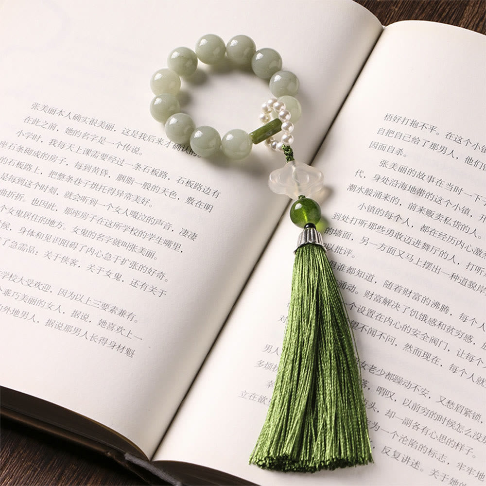 Buddhist Blessing Green Jade Beads Pearl Prosperity Tassels Wrist Mala