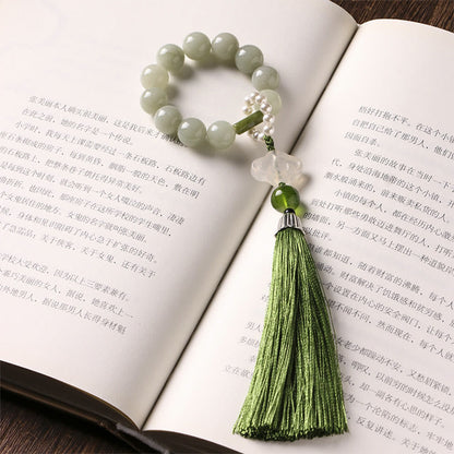 Buddhist Blessing Green Jade Beads Pearl Prosperity Tassels Wrist Mala