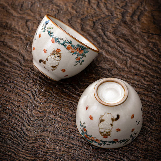 Buddhist Blessing Cute Cat Butterfly Teacup Kung Fu Tea Cup