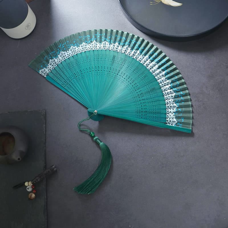 Buddhist Blessing Flower Plain Handheld Polyester Tassel Bamboo Folding Fan 21cm