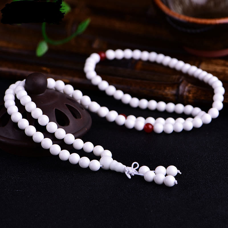 Buddhist Blessing 108 Mala Beads White Porcelain Six True Words 'Om Mani Padme Hum' Patience Bracelet