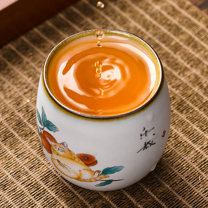 Buddhist Blessing Cute Lying Cat Branches Teacup Kung Fu Tea Cup With Gift Box