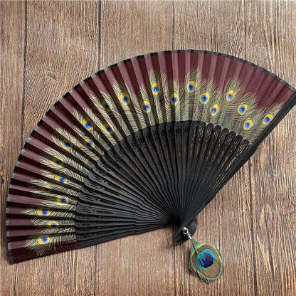 Buddhist Blessing Peacock Feather Handheld Bamboo Folding Fan 21.5cm