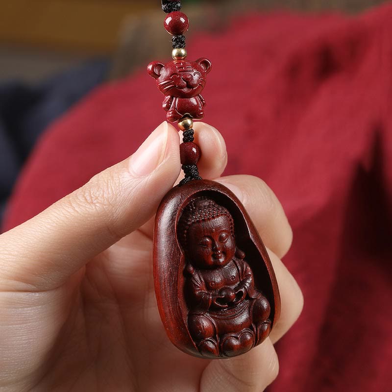 Buddhist Blessing Small Leaf Red Sandalwood Buddha Cinnabar Chinese Zodiac Amulet Protection Key Chain